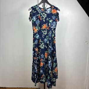 Janasya Wom Dress Navy Blue Floral Size Xs Halter Tassels/Beads Sleeveless Boho
